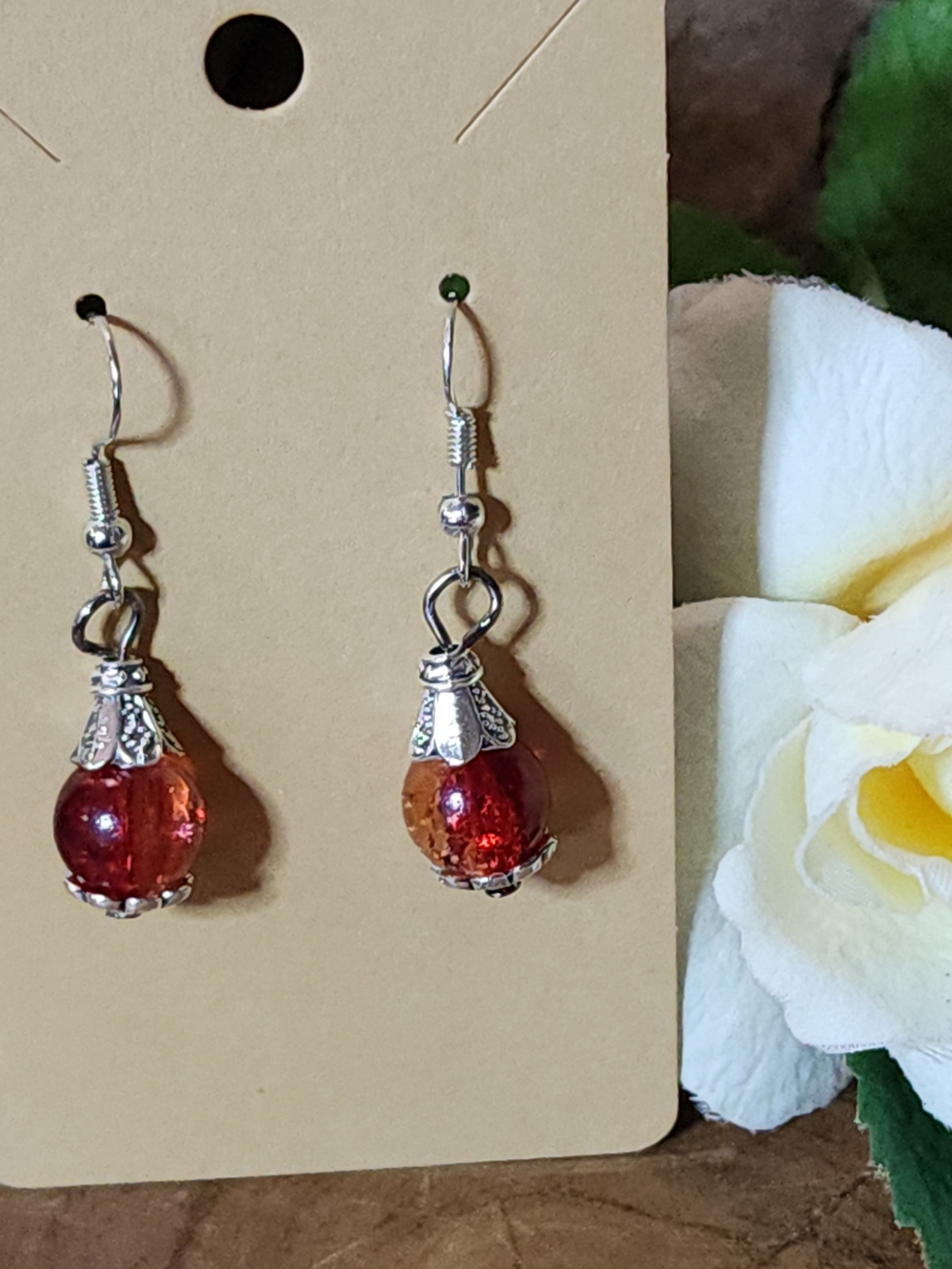 Elegant Red And Golden Crackled Glass Drop Earrings - Women Jewelry